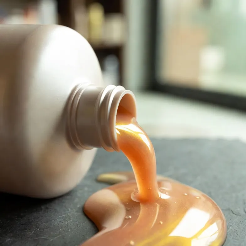 Anti-dandruff ketoconazole shampoo bottle with a swirl of shampoo beside it